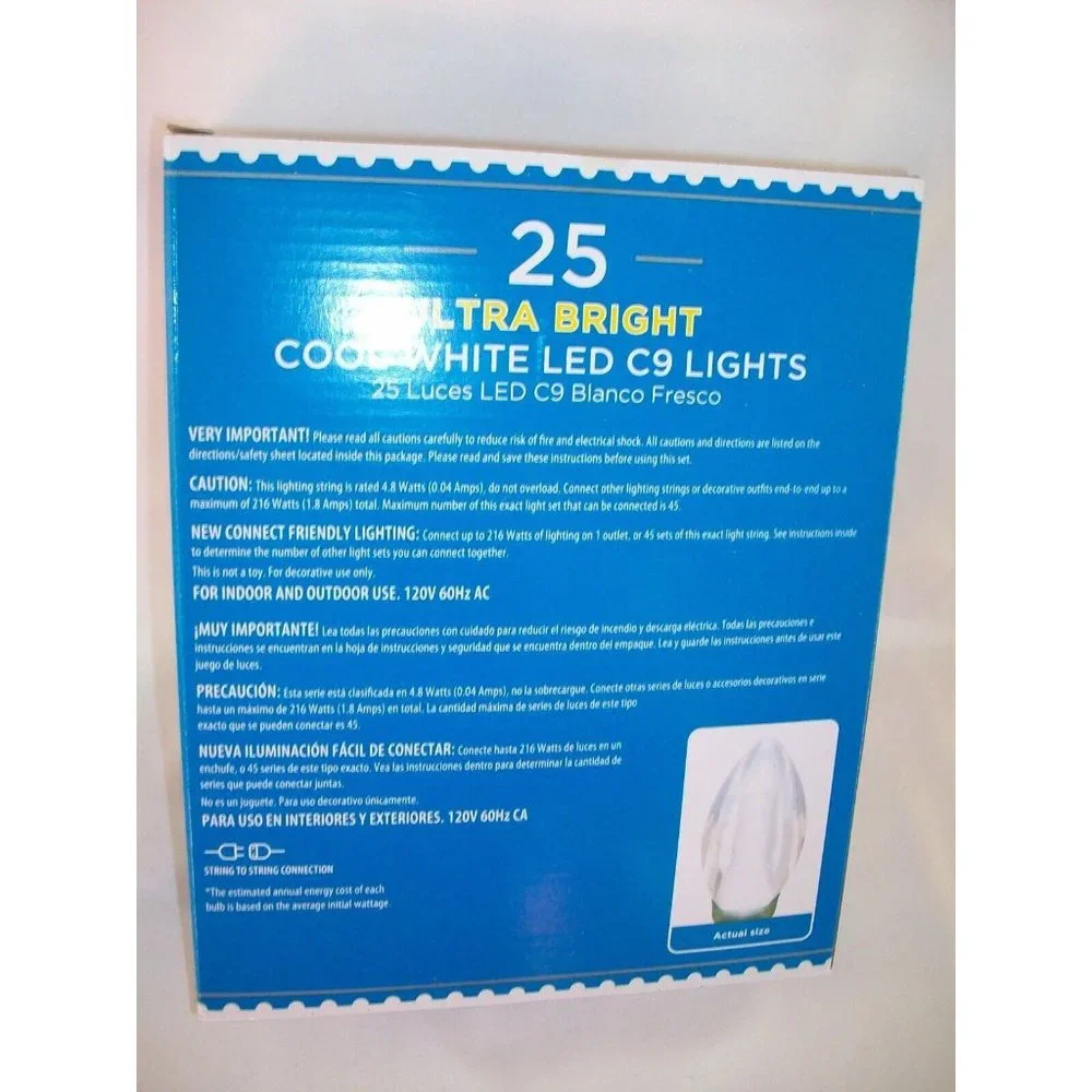Holiday Time 25 Ultra Bright LED C9 Bulb Christmas Lights Warm White 15' New